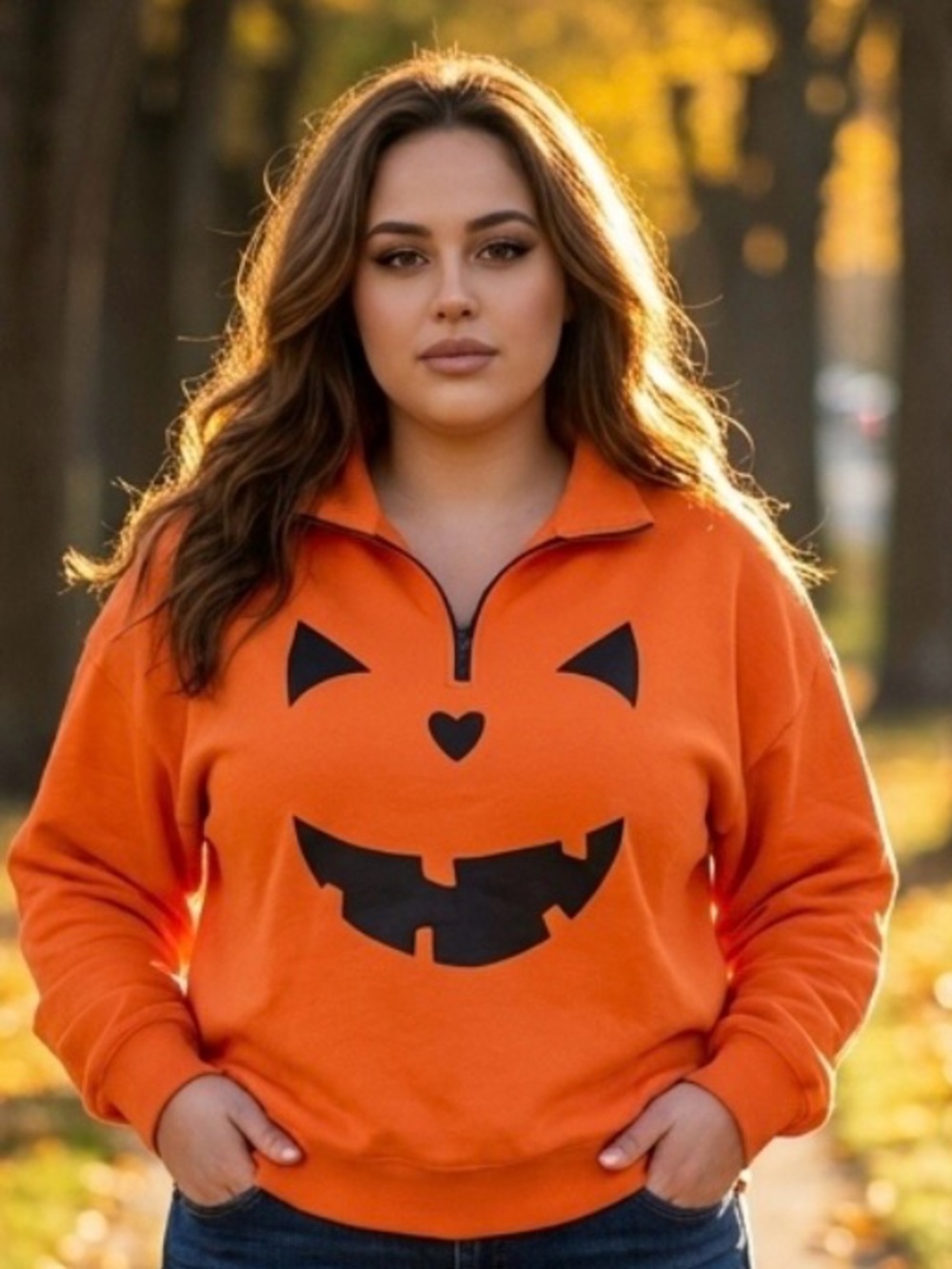 Halloween Orange Pumpkin Face Adult Quarter-Zip Pullover Sweatshirt